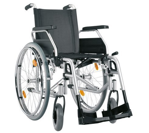 Bischoff Rollstuhl S-Eco 300 Faltrollstuhl Sitzbreite 46 cm Reiserollstuhl PU-Bereifung (pannensicher) – Adapterblock – Feststellbremse Fahrerbedienung – Passive Beleuchtung
