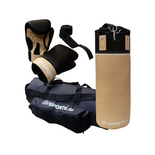 ScSPORTS Boxsack-Set, Boxsack gefüllt 12 kg, Boxhandschuhe, Boxbandagen, Inklusive Tragetasche, Boxsackhalterung Nylongurte mit Karabiner, 70 x 25 cm, Kunstleder, beige / schwarz