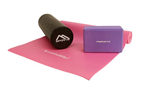 YOGA-FASZIEN SET | Yogamatte Premium Pastellrosa 175 x 60 x 0,5 cm + Yoga Block in Flieder + Faszienrolle Schwarz 45 x 15 cm