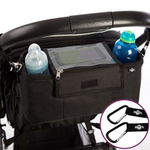 BTR Buggy und Kinderwagen Organizer, Exklusive Smartphone-Tasche und Handy Halter & wasserfester Regenschutz. PLUS 2 Kinderwagen Clips. Unverzichtbares Kinderwagen-Zubehör
