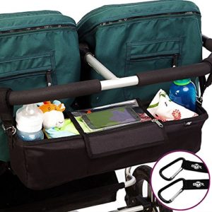 BTR Kinderwagen Organizer für Zwillings-Kinderwagen und Geschwisterwagen, exklusive Smartphone-Tasche und Handy Halter & wasserfester Regenschutz. PLUS 2 Kinderwagen Clips. Unverzichtbares Kinderwagen-Zubehör