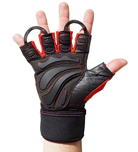 MACCIAVELLI – Fitness Handschuhe mit MAX WEIGHT Dämpfung für mehr Leistung bei Kraftsport, Gewichtheben und Calisthenics – PLUS zusätzlicher Stabilisierung der Handgelenke und EASY FIT Schlaufen (Rot | Schwarz, L)
