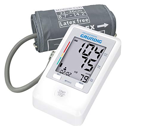 GRUNDIG Digitales Oberarm Blutdruckmessgerät – Sehr kompakt, ideal für unterwegs – großes Display – automatische Messung, Arrhythmie-Anzeige, Pulsmessung – 2 * 90 Speicherplätze Mittelwertberechnung