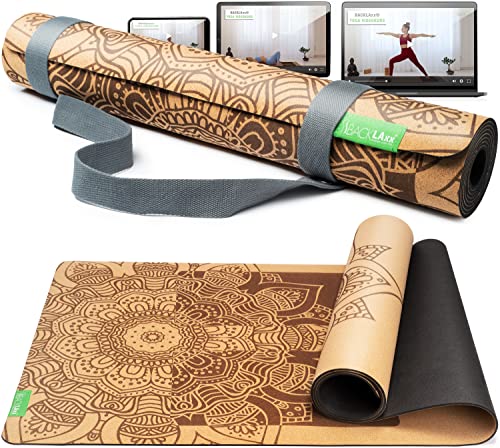 BACKLAxx® Kork Yogamatte mit Naturkautschuk – Nachhaltige Yogamatte rutschfest schadstofffrei mit Anti-Rutsch-Zonen – Inkl. Mattengurt und Anwendungsvideos