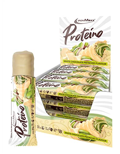 IronMaxx Proteino Proteinriegel – White Chocolate Pistachio 12 x 30g | High-Protein-Bar auf Waffelbasis mit cremiger Füllung | zuckerreduzierter Eiweißriegel glutenfrei und palmölfrei